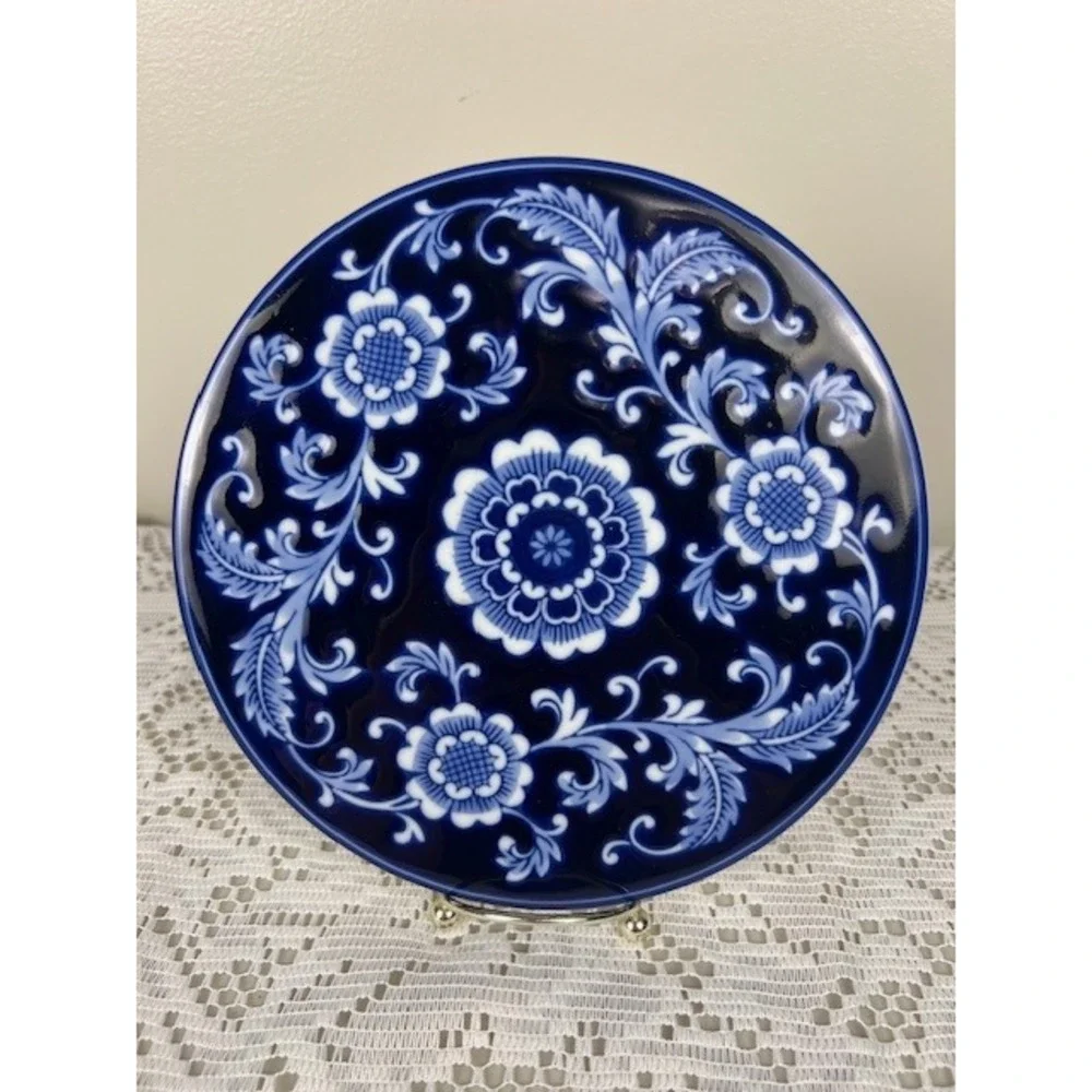 Pier‎ 1 Mandarin Porcelain Round Trivet Plate Cobalt Blue White Floral 8in